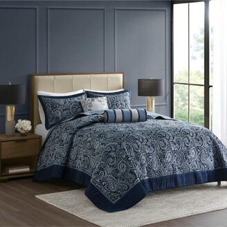 Gracie Mills Aubrey 5 Piece Reversible Jacquard Bedspread Set - Queen -Navy