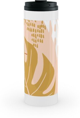 Travel Mugs: Paradiso - Tropical Palm Fronds - Golden Blush Stainless Mug, White, 16Oz, Pink