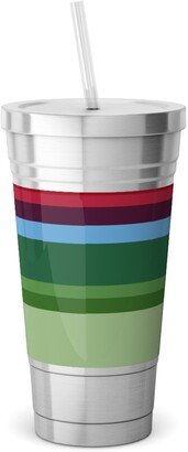 Travel Mugs: Rainbow Stripe Stainless Tumbler With Straw, 18Oz, Multicolor