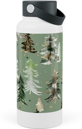 Photo Water Bottles: Watercolor Pines And Spruces Christmas - Green Stainless Steel Wide Mouth Water Bottle, 30Oz, Wide Mouth, Green