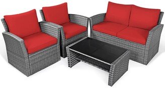 4PCS Patio Rattan Conversation Set with Storage Shelf and Coffee Table