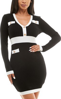 Juniors' V-Neck Long-Sleeve Ribbed Bodycon Dress