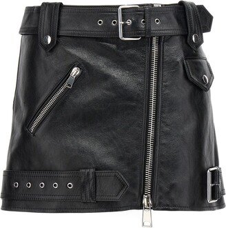 Belted Zip-Detailed Leather Mini Skirt