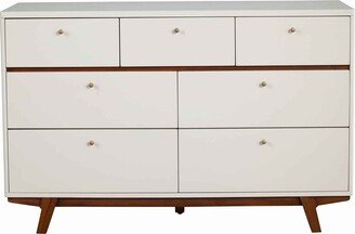 7 Drawer Wooden Dresser with Round Pulls and Angled Legs, White and Brown