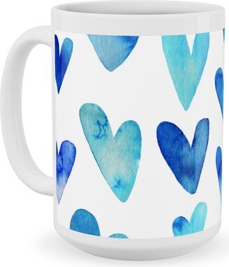 Mugs: Blue Ombre Hearts - Blue Ceramic Mug, White, 15Oz, Blue