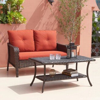 Pocassy Outdoor Wicker Coffee Table with 2-Tier Storage Shelf Brown