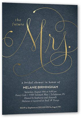 Bridal Shower Invitations: Simply Mrs Bridal Shower Invitation, Gold Foil, Grey, 5X7, Luxe Double-Thick Cardstock, Square