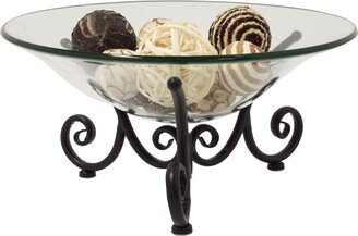 Decorative Round Glass Serving Bowl with Iron Scroll Stand