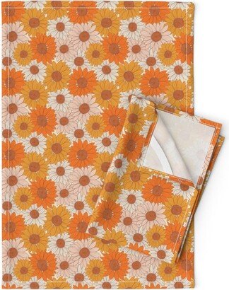1970S Floral Tea Towels | Set Of 2 - Retro Sunflower By Gkumardesign Nostalgia Earth Tones Linen Cotton Spoonflower