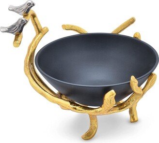 Cheer Collection Berkware Black Decorative Bowl on Gold Branch Stand with Silver Birds