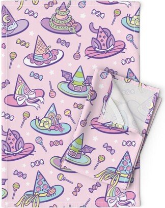 Pastel Halloween Tea Towels | Set Of 2 - Witchy Hats in Pink By Pinkowlet Witchcraft October Linen Cotton Spoonflower