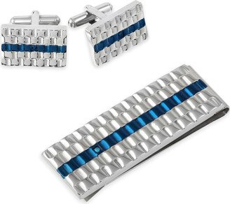 Men's Textured Money Clip and Cuff Links Set in Stainless Steel and Blue IP