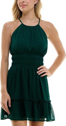 Juniors' Sleeveless Clip-Dot Elastic-Waist Tiered Dress