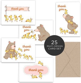 Paper Frenzy Spring Bear and Ducks Thank You Note Card Collection 25 pack with Kraft Envelopes