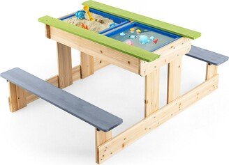 3-in-1 Kids Picnic Table Outdoor Wooden Water Sand Table w/ Play Boxes