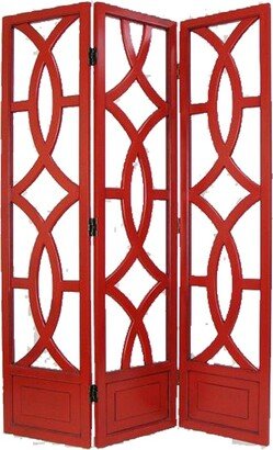 Open Cut Out Design 3 Panel Wooden Frame Screen with Double Hinges, Red