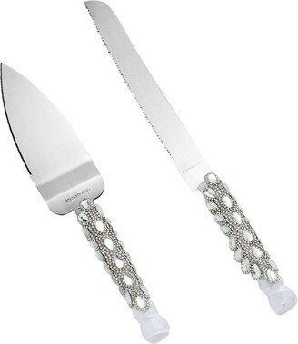 Juvale Wedding Cake Knife and Server Set with Knife and Server, Embellished with Faux Crystals, Diamonds, and Ribbon, Sturdy Stainless Steel