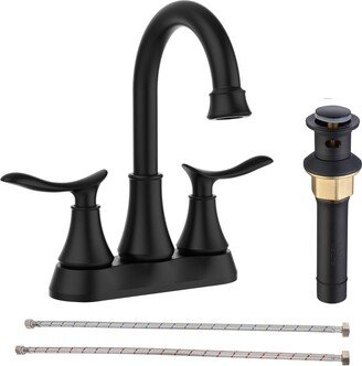 Simplie Fun Bathroom Faucet Matt Black with Pop-up Drain & Supply Hoses 2-Handle 360 Degree High Arc Swivel Spout Centerset 6 Inch Vanity Sink Faucet