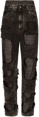 Distressed Silk-Detail Straight Jeans