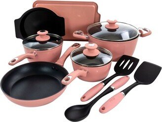 Lynhurst 12 Piece Nonstick Aluminum Cookware Set in Pink with Kitchen Tools