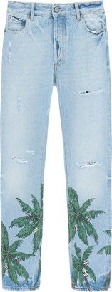 Palm Tree Print Regular Fit Jeans In Distressed Denim