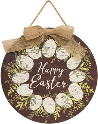 Happy Easter White Easter Egg Wreath Round Sign w/Burlap Bow - 11.5” in diameter and .25” deep