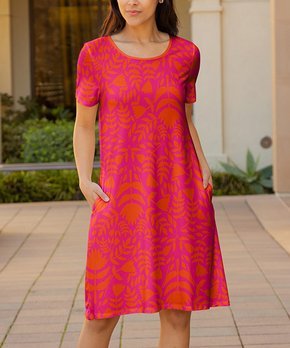 Pink & Orange Abstract Pocket Scoop Neck Dress - Women & Plus
