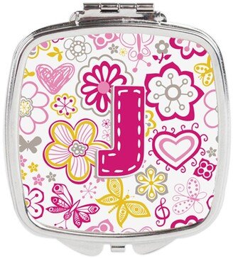 CJ2005-JSCM Letter J Flowers & Butterflies Pink Compact Mirror