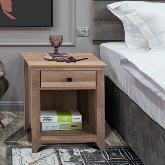 Farmhouse Nightstand, Bedside Table with Drawer and Shelf, Wood Storage Cabinet for Home Bedroom, USB Charging Station