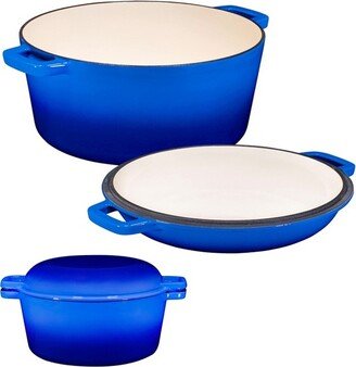 2-in-1 Blue Enamel Cast Iron Dutch Oven & Skillet Set | All-in-One Cookware for Induction, Electric, Gas, Stovetop & Oven, 5 Quart