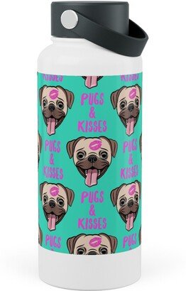 Photo Water Bottles: Pugs & Kisses - Cute Pug Dog - Teal Stainless Steel Wide Mouth Water Bottle, 30Oz, Wide Mouth, Green
