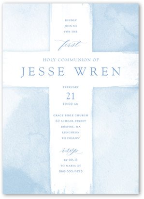 First Communion Invitations: Watercolor Cross Boy Communion Invitation, Blue, 5X7, Matte, Signature Smooth Cardstock, Square