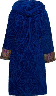 'new Tradition' Blue Hooded Bath Robe With Ornamental Print Home