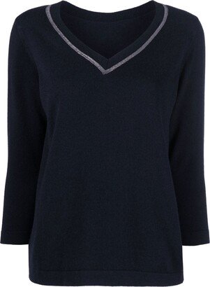 metallic trim V-neck jumper-AB