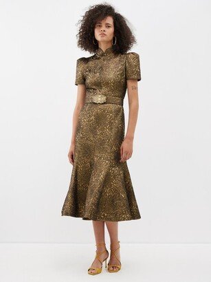 High-neck Brocade Fishtail Midi Dress