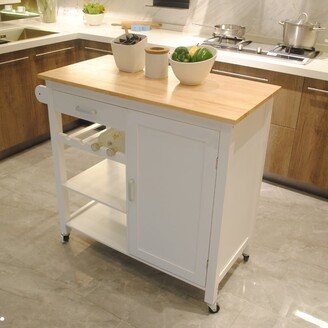 CoolArea Kitchen Island Cart with Drawer, 4-bottle Wine Rack, Storage Cabinet and Towel Rack - White & Natual