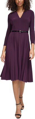 Petite V-Neck Belted Pleated Knit Dress