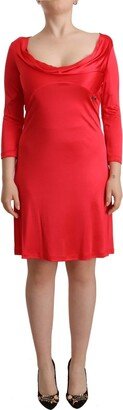 Red Viscose 3/4 Sleeves Deep Round Neck Sheath Women's Dress