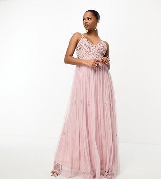 Beauut Petite Bridesmaid cami 2-in-1 maxi dress with embellished top and tulle skirt in frosted pink