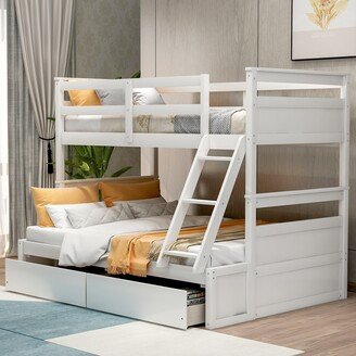 EDWINRAY Twin Over Full Bunk Bed with Storage Drawers and Safety Guardrail, Solid Wooden Loft Bed, Divided into 2 Individual Beds, White