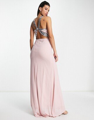 embellished chiffon maxi dress in mauve