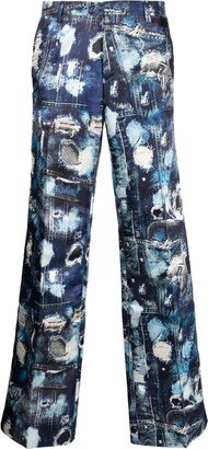 Ripped Denim-Print Tailored Trousers