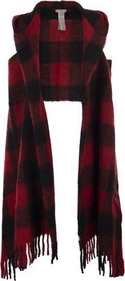 Checked Fringed Knit Cape Scarf-AA