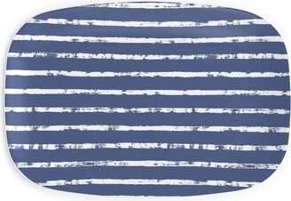 Serving Platters: Distressed Dusty Blue And White Stripes Serving Platter, Blue