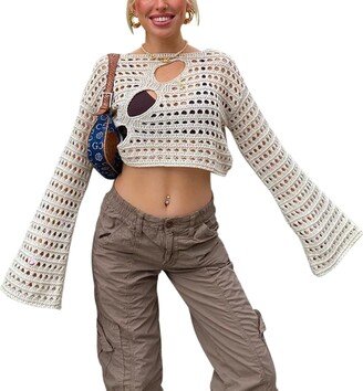 Meladyan Women Crochet Knit Fishnet Crop Top Sexy Hollow Out See Through Long Sleeve Smock Tee Shirt Beach Cover Up Apricot