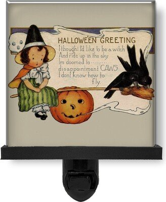 Halloween Greeting Young Witch On A Broom Funny Glass Photo Night Light, Decorative Lights