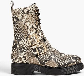 Snake-effect leather combat boots