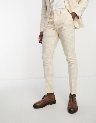 Wedding skinny suit pants in linen mix in gingham in camel