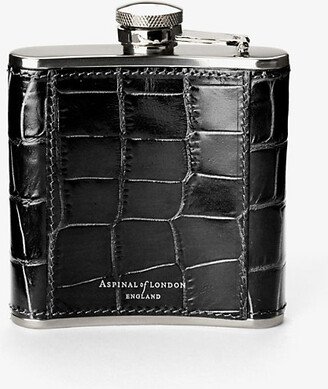 Black Classic Croc-embossed Leather and Stainless-steel hip Flask