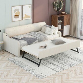 Abrihome Twin Size Upholstery Daybed with Trundle and USB Charging Design,Beige